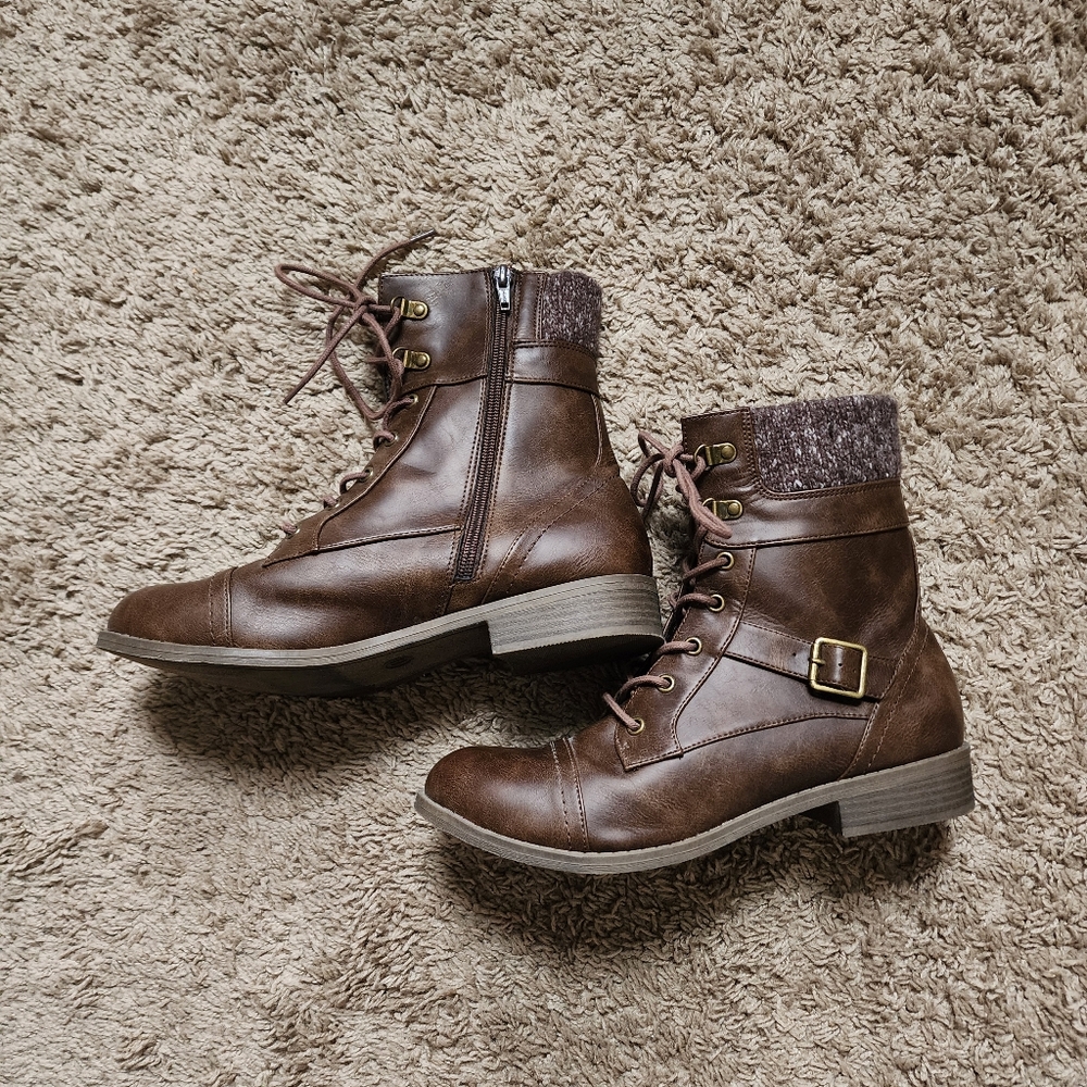Falls Creek Brown Knit Trim Lace Up Fall Boots Size 11
